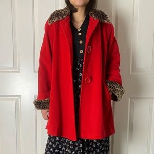 Vintage 80s The Limited Red coat faux fur leopard
